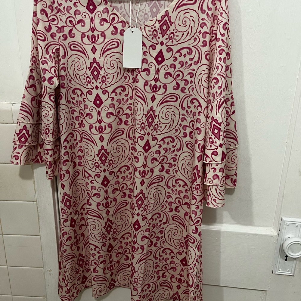 Sun mini dress pink and cream v- neck. Never worn, new